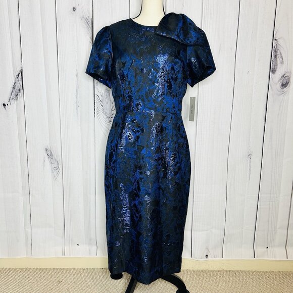 NWT Rickie Freeman for Teri Jon Blue Black Metallic Jacquard Bow Dress Sz 12 NEW - Picture 1 of 16
